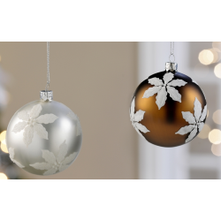 GLASS BALL POINSETTIA ORNAMENTS - BROWN/SILVER/WHITE