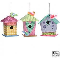Wood Watercolor Birdhouse with Tin Bird